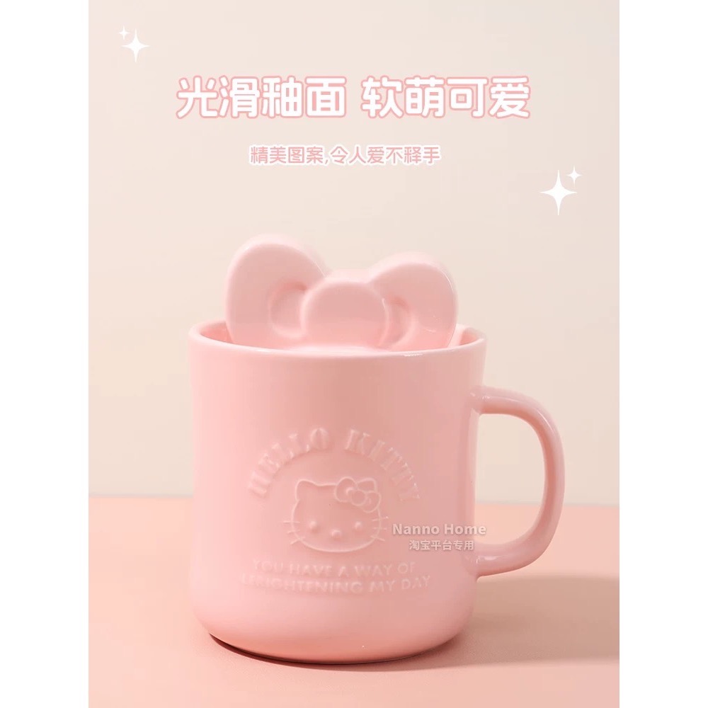 正品 可愛HelloKitty泡麵碗 一人食餐杯 陶瓷餐具 大容量可微波带蓋杯子 馬克杯 500cc-細節圖3