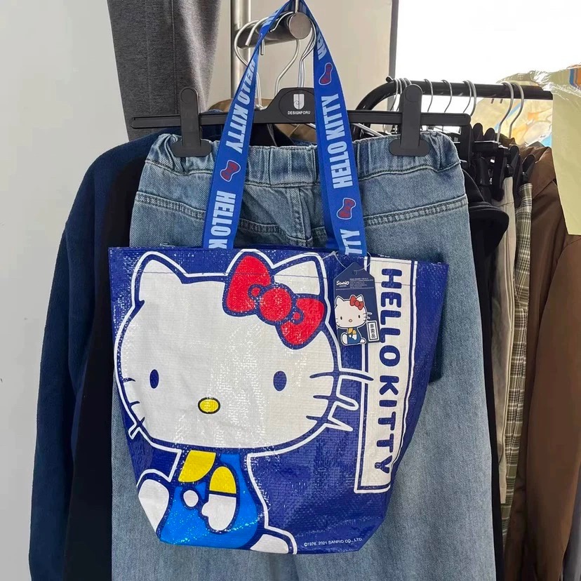 ￼正品 藍色Kitty折疊可愛卡通防水 單肩收納袋 外出百搭 購物袋 手提袋-細節圖2