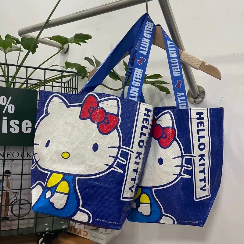 ￼正品 藍色Kitty折疊可愛卡通防水 單肩收納袋 外出百搭 購物袋 手提袋-細節圖3
