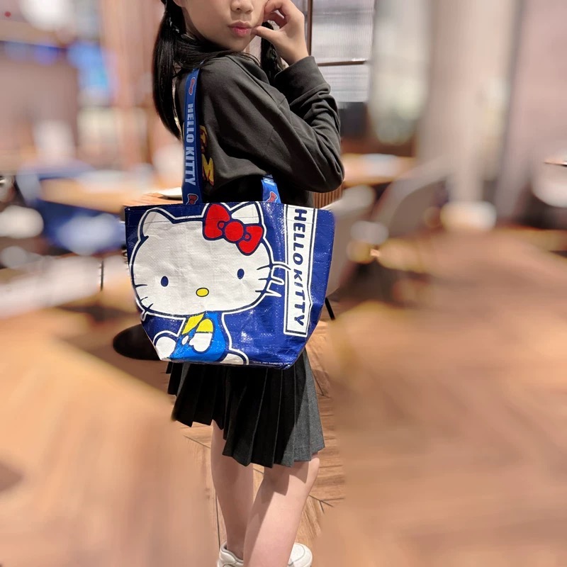 ￼正品 藍色Kitty折疊可愛卡通防水 單肩收納袋 外出百搭 購物袋 手提袋-細節圖4