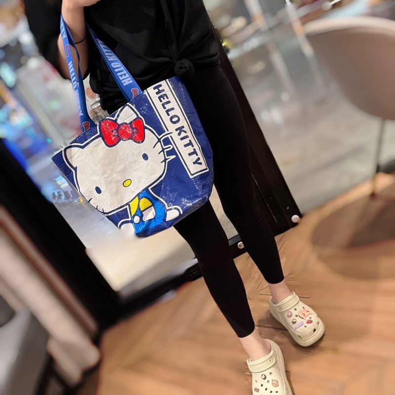 ￼正品 藍色Kitty折疊可愛卡通防水 單肩收納袋 外出百搭 購物袋 手提袋-細節圖5