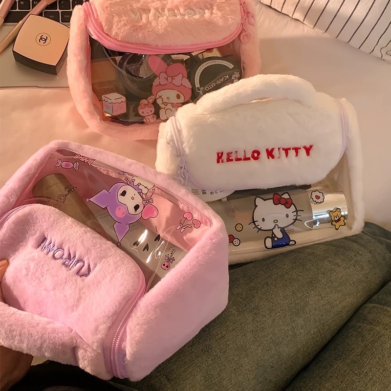 正品 可愛kitty收納包 化妝袋 毛絨絨化妝包 大容量-細節圖4