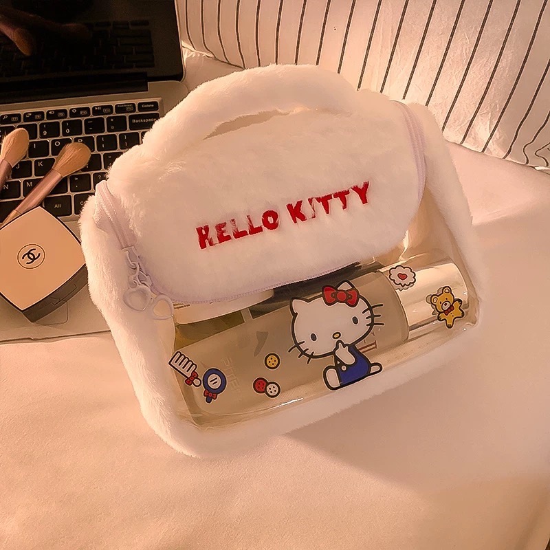 正品 可愛kitty收納包 化妝袋 毛絨絨化妝包 大容量-細節圖6