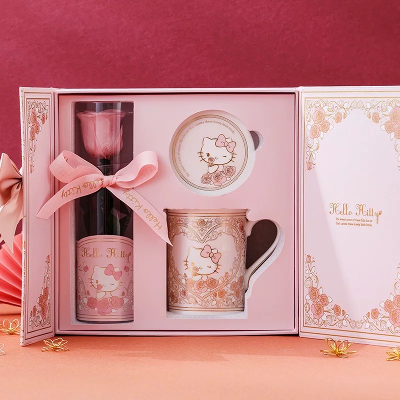 正品 限量版~新上市HELLO KITTY永生花骨瓷杯 禮盒組❤ 陶瓷杯-細節圖2