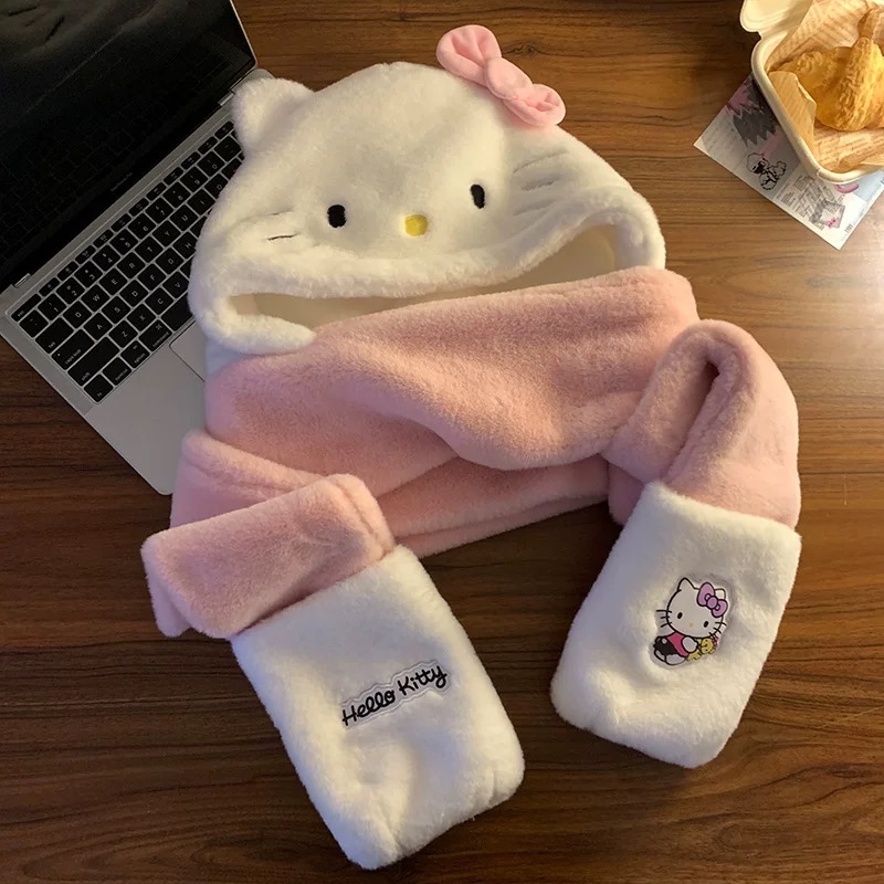 正品 三麗鷗Hellokitty毛絨帽 圍巾一體 冬季可愛防寒保暖手套三件套-細節圖2