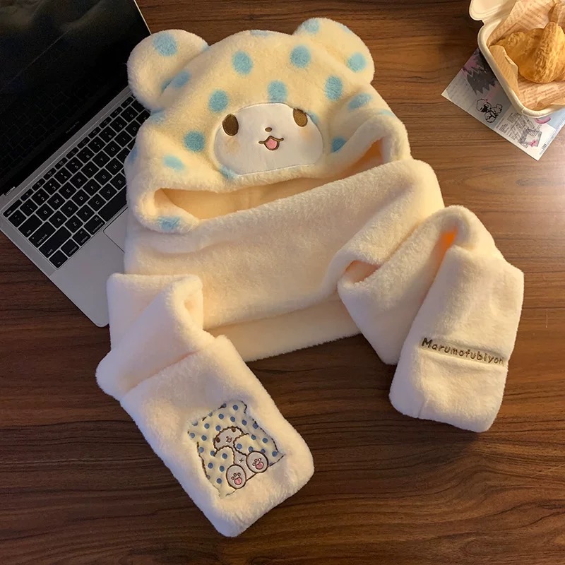 正品 三麗鷗Hellokitty毛絨帽 圍巾一體 冬季可愛防寒保暖手套三件套-細節圖3