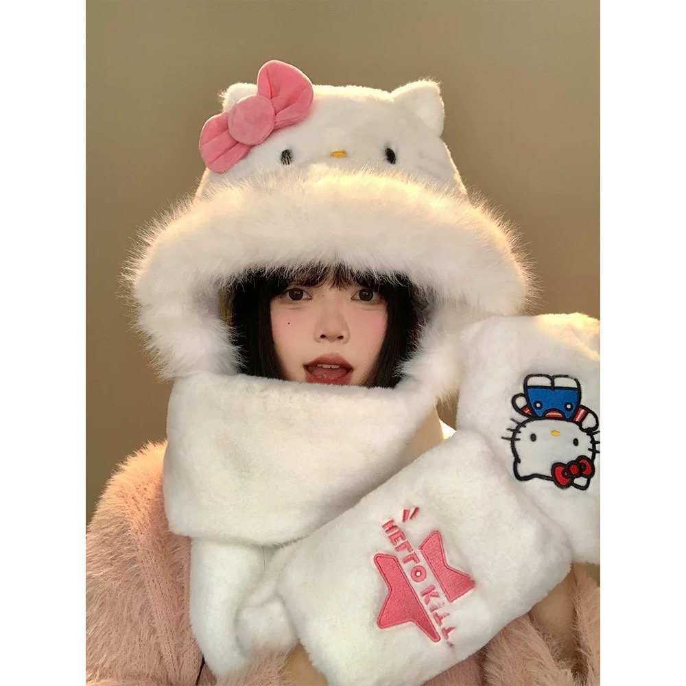 正品 三麗鷗Hellokitty毛絨帽 圍巾一體 冬季可愛防寒保暖手套三件套-細節圖5