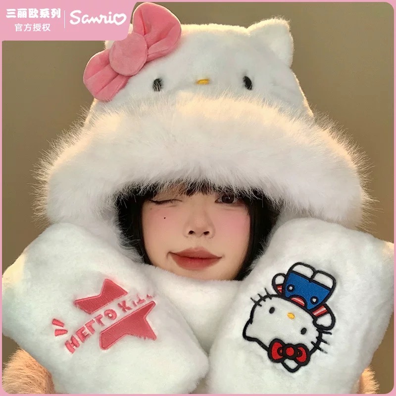 正品 三麗鷗Hellokitty毛絨帽 圍巾一體 冬季可愛防寒保暖手套三件套-細節圖6