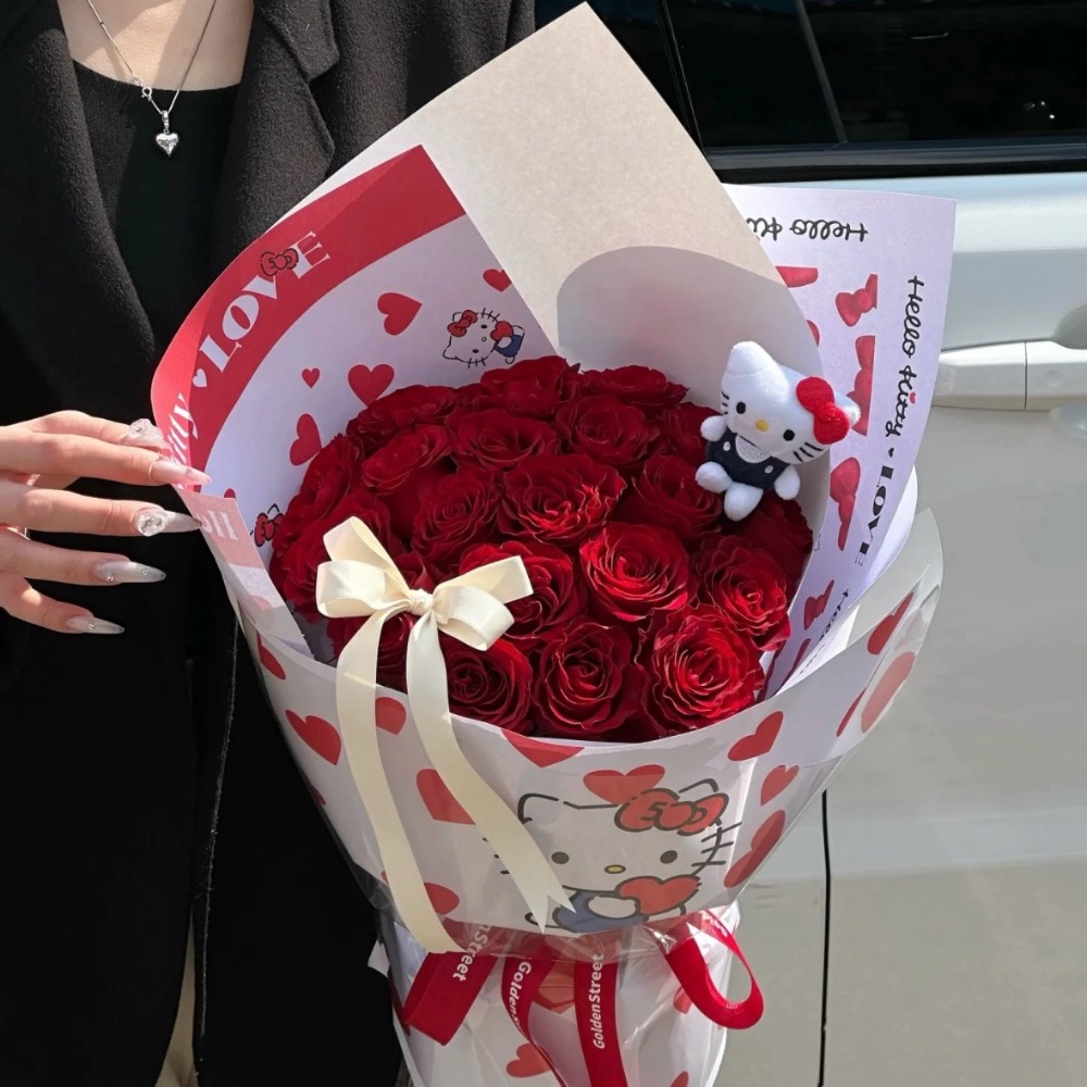 正品 紅色hellokitty玩偶 永生花束 生日禮物 送閨蜜女友520情人節（送禮袋）永生花+娃娃-細節圖2