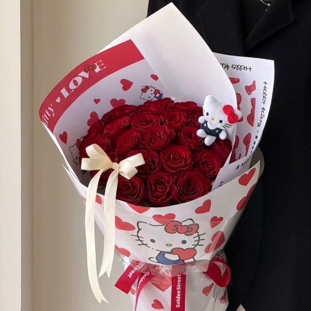正品 紅色hellokitty玩偶 永生花束 生日禮物 送閨蜜女友520情人節（送禮袋）永生花+娃娃-細節圖4