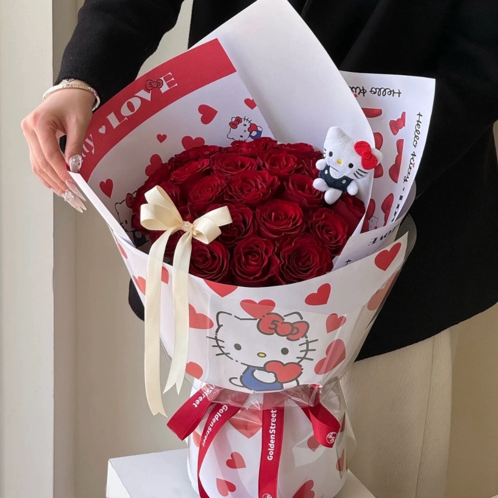 正品 紅色hellokitty玩偶 永生花束 生日禮物 送閨蜜女友520情人節（送禮袋）永生花+娃娃-細節圖5