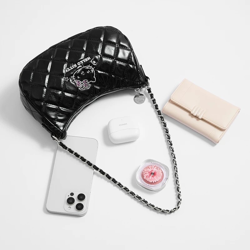 正品 Hello Kitty黑白手提單肩包 卡通菱格凱蒂貓包包 手提包-細節圖2