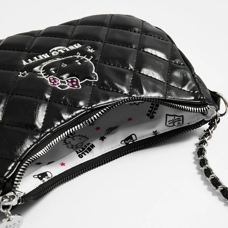 正品 Hello Kitty黑白手提單肩包 卡通菱格凱蒂貓包包 手提包-細節圖3