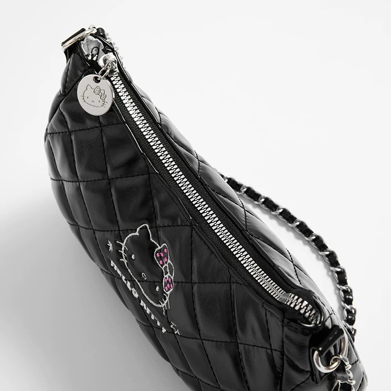 正品 Hello Kitty黑白手提單肩包 卡通菱格凱蒂貓包包 手提包-細節圖4