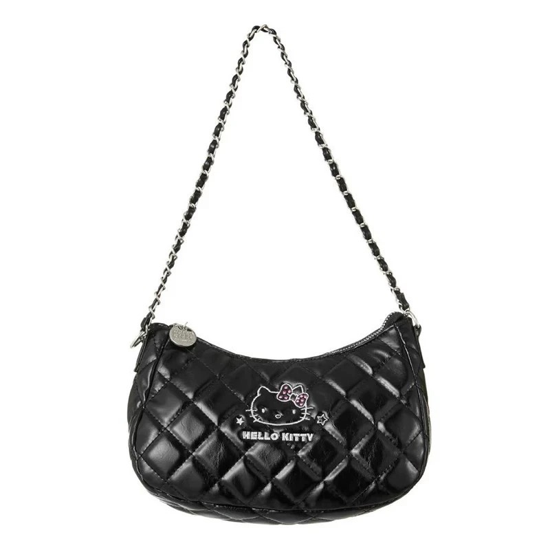 正品 Hello Kitty黑白手提單肩包 卡通菱格凱蒂貓包包 手提包-細節圖5