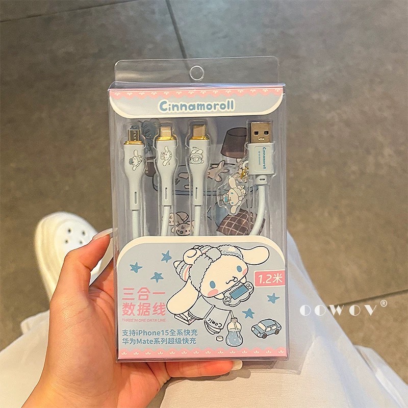 正品 三麗鷗聯名美樂蒂三合一數據線iphone15promax充電線Typec三頭快充一拖三 適用多功能-細節圖3