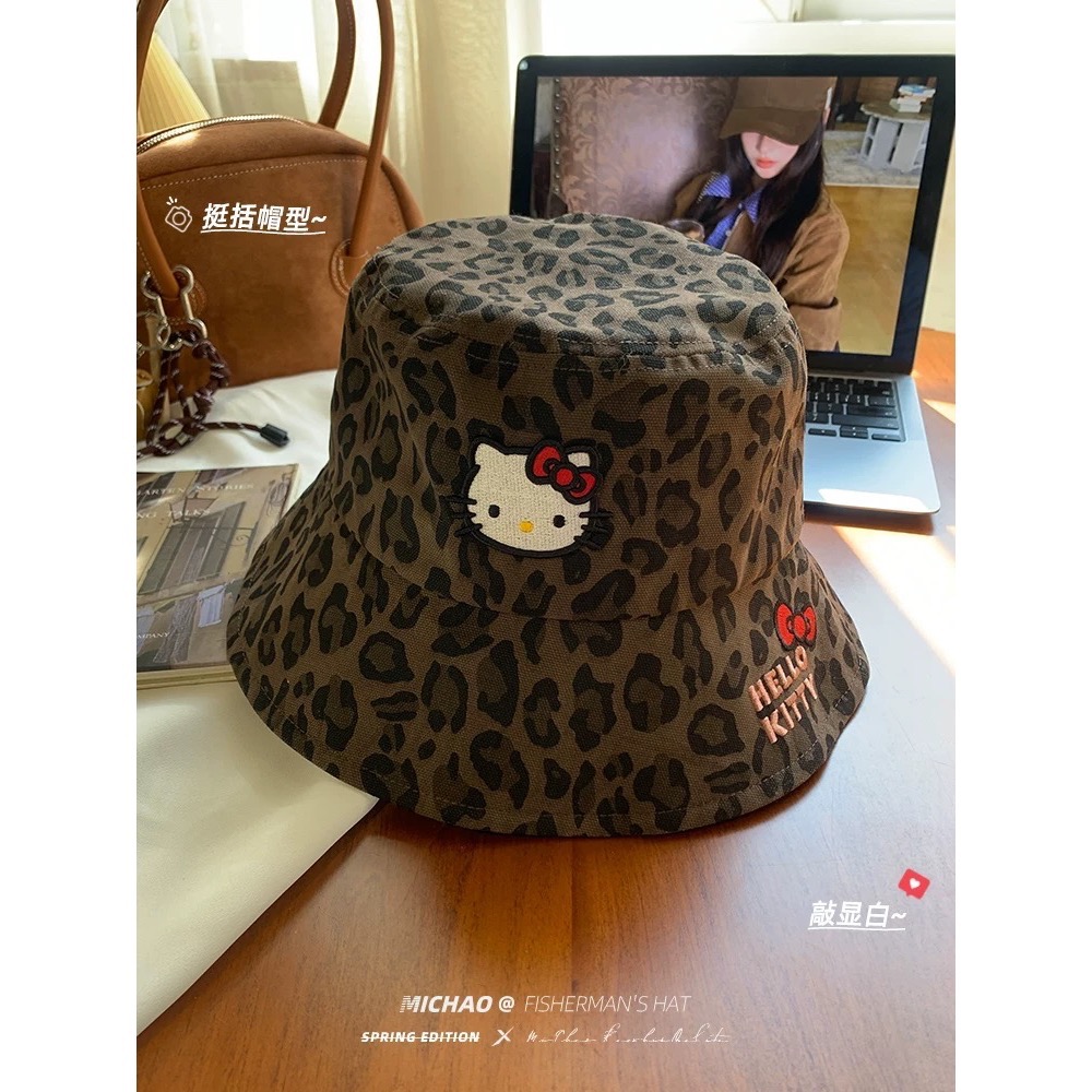 正品 Hello Kitty帽子 漁夫帽女 顯臉小 豹紋鴨舌帽-細節圖3