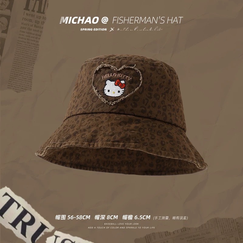 正品 Hello Kitty帽子 漁夫帽女 顯臉小 豹紋鴨舌帽-細節圖7