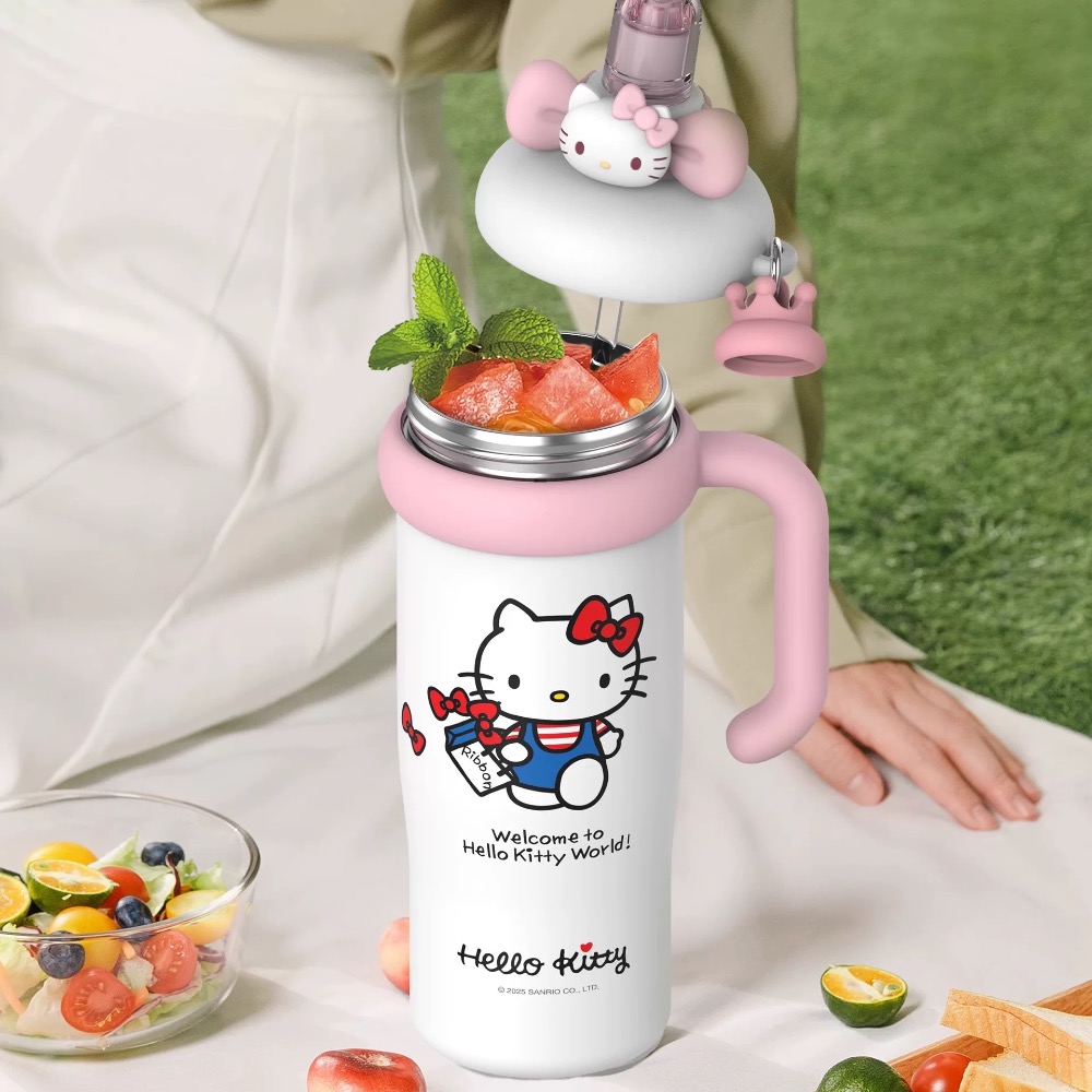 正品 艾可思kitty冷 保溫杯 水杯 高顏值冰霸杯 不鏽鋼 大容量吸管杯 杯子960cc-細節圖2