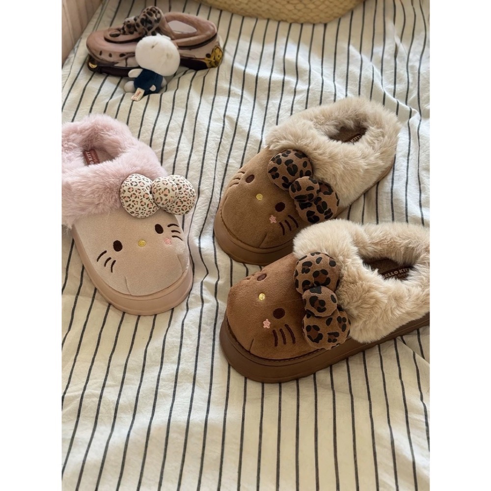 正品 三麗鷗kitty聯名棉拖鞋 秋冬新款外穿厚底保暖加絨毛毛鞋 拖鞋-細節圖4