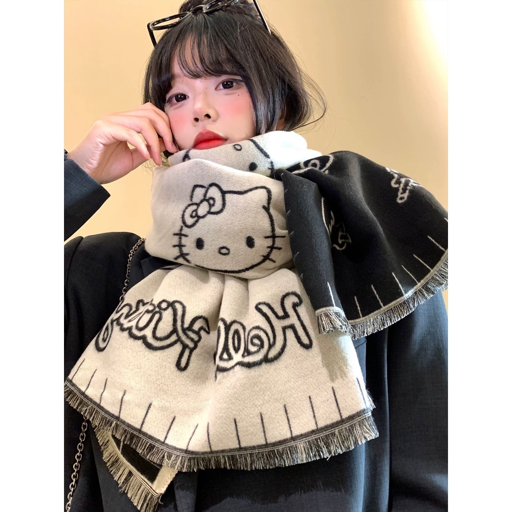 正品 HelloKitty雙面圍巾 秋冬季韓系高級感 加厚保暖防寒護頸圍脖披肩-細節圖2