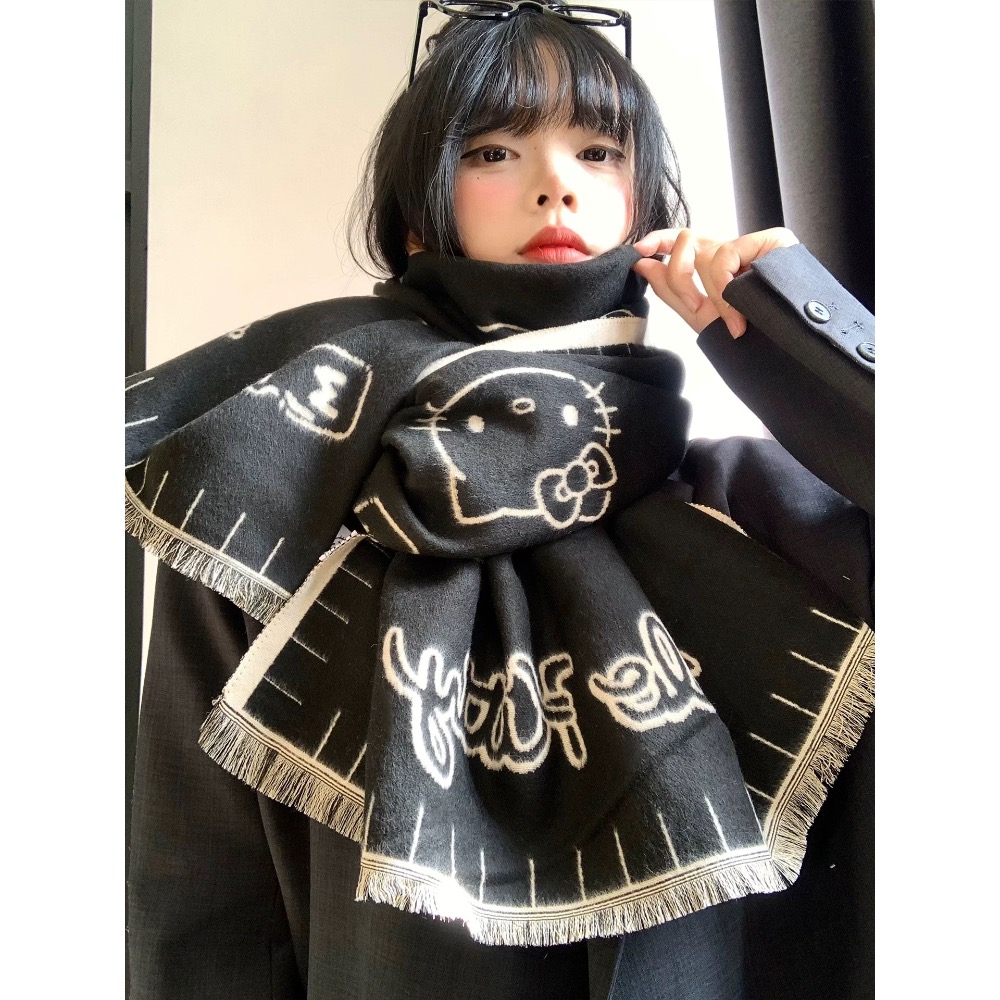 正品 HelloKitty雙面圍巾 秋冬季韓系高級感 加厚保暖防寒護頸圍脖披肩-細節圖3