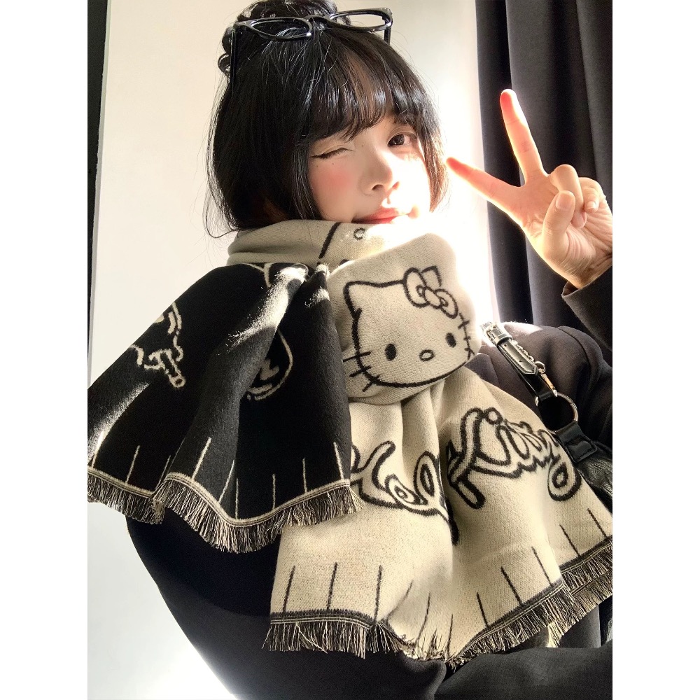 正品 HelloKitty雙面圍巾 秋冬季韓系高級感 加厚保暖防寒護頸圍脖披肩-細節圖4