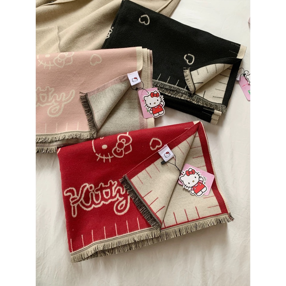 正品 HelloKitty雙面圍巾 秋冬季韓系高級感 加厚保暖防寒護頸圍脖披肩-細節圖5
