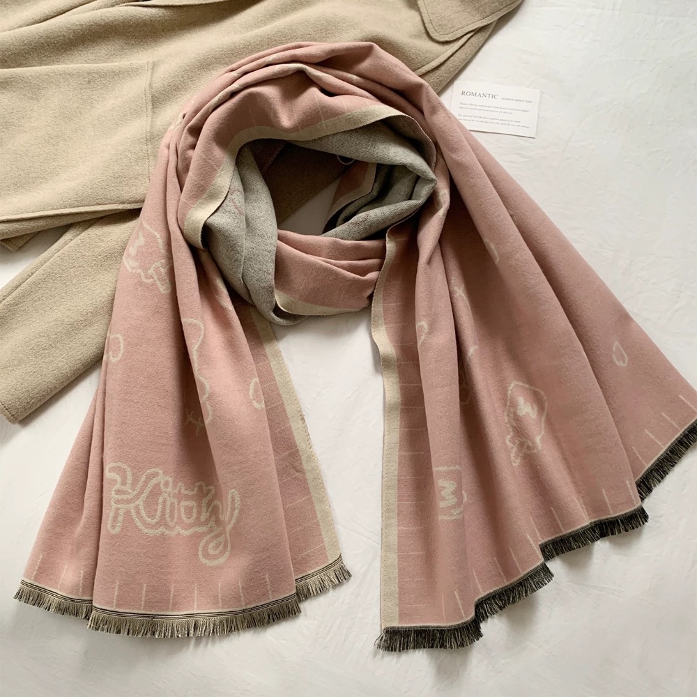 正品 HelloKitty雙面圍巾 秋冬季韓系高級感 加厚保暖防寒護頸圍脖披肩-細節圖7