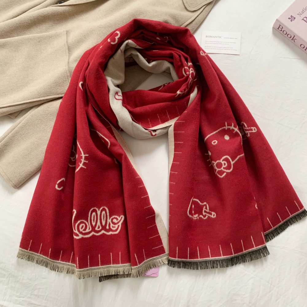 正品 HelloKitty雙面圍巾 秋冬季韓系高級感 加厚保暖防寒護頸圍脖披肩-細節圖8