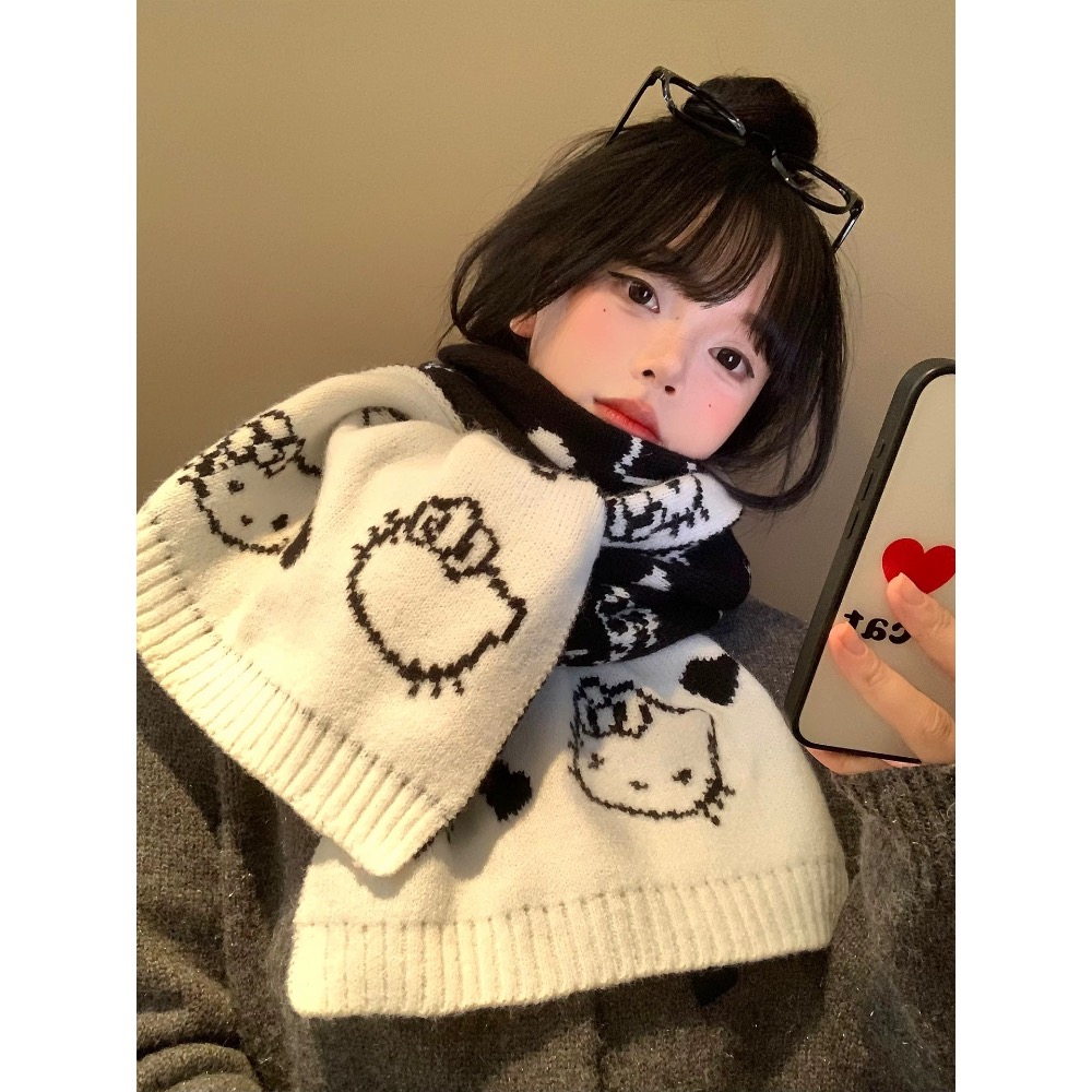 正品 可愛Kitty貓雙面針織圍巾 秋冬季加厚保暖護頸圍脖學生防寒百搭 圍巾-細節圖2