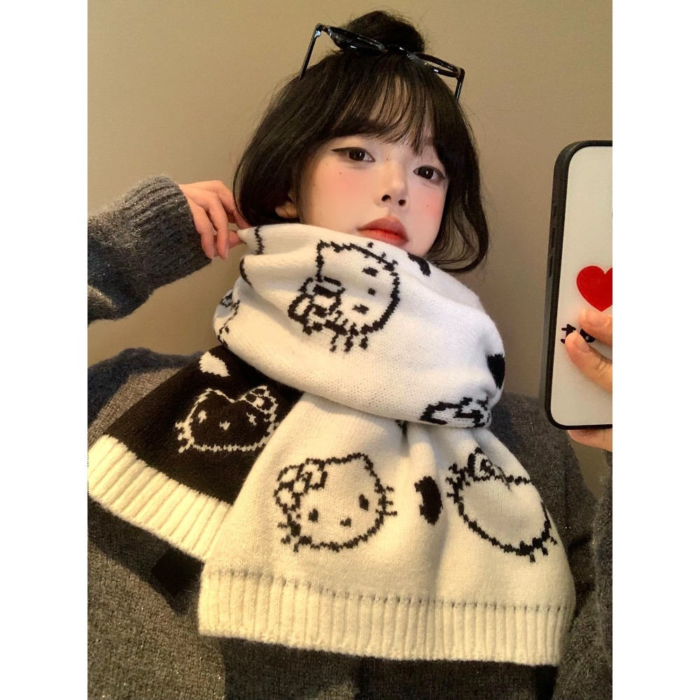 正品 可愛Kitty貓雙面針織圍巾 秋冬季加厚保暖護頸圍脖學生防寒百搭 圍巾-細節圖3