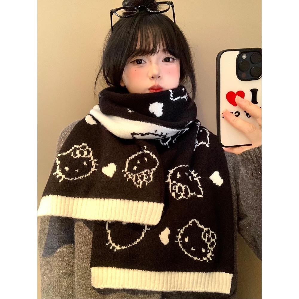 正品 可愛Kitty貓雙面針織圍巾 秋冬季加厚保暖護頸圍脖學生防寒百搭 圍巾-細節圖4