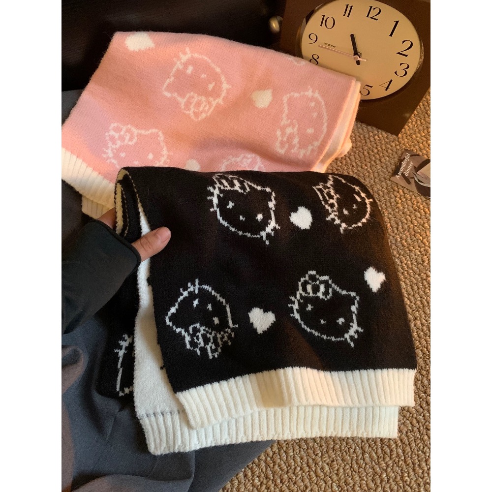 正品 可愛Kitty貓雙面針織圍巾 秋冬季加厚保暖護頸圍脖學生防寒百搭 圍巾-細節圖5