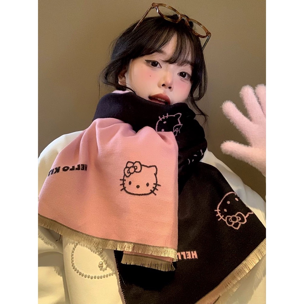 正品 hellokitty雙面圍巾 秋冬季2025新款高級感百搭加厚保暖圍脖 圍巾🧣-細節圖2