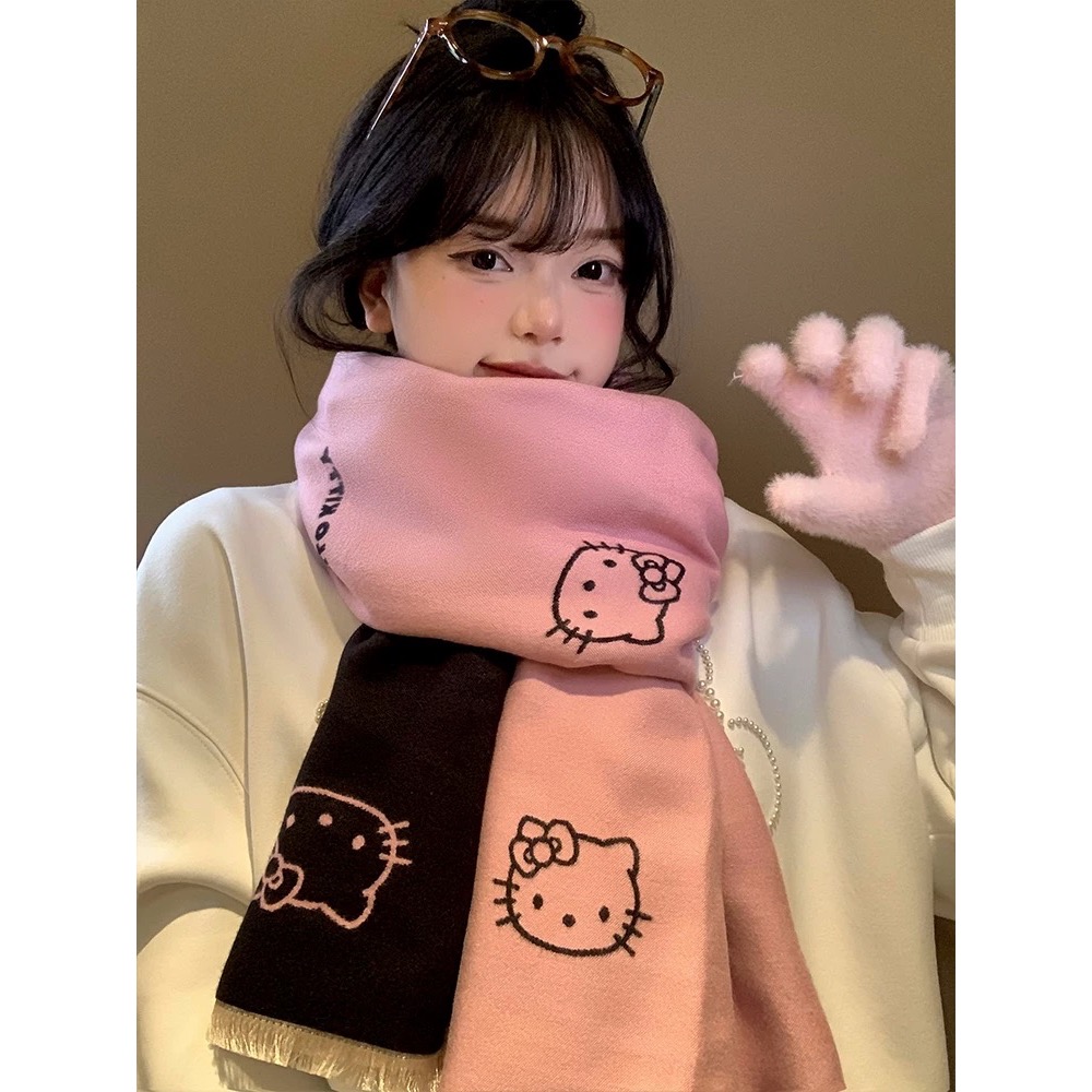 正品 hellokitty雙面圍巾 秋冬季2025新款高級感百搭加厚保暖圍脖 圍巾🧣-細節圖3