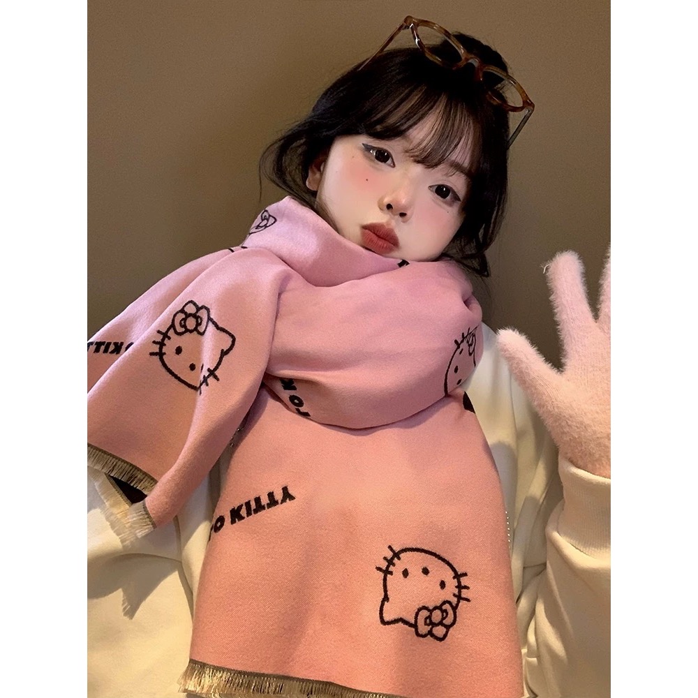 正品 hellokitty雙面圍巾 秋冬季2025新款高級感百搭加厚保暖圍脖 圍巾🧣-細節圖4