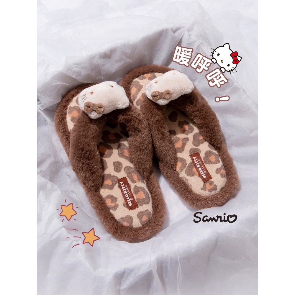 正品 Hello Kitty毛毛人字拖 秋冬 居家外穿辣妹豹紋棉拖鞋 拖鞋-細節圖2
