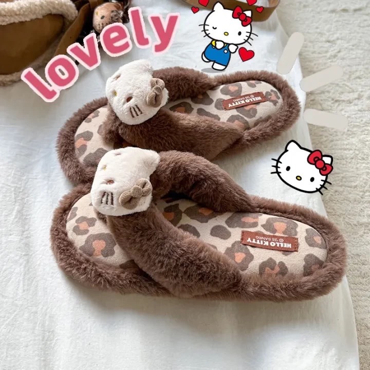 正品 Hello Kitty毛毛人字拖 秋冬 居家外穿辣妹豹紋棉拖鞋 拖鞋-細節圖6