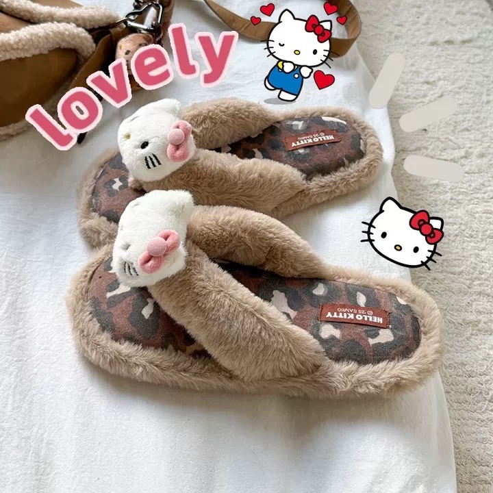 正品 Hello Kitty毛毛人字拖 秋冬 居家外穿辣妹豹紋棉拖鞋 拖鞋-細節圖7