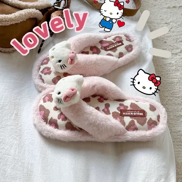 正品 Hello Kitty毛毛人字拖 秋冬 居家外穿辣妹豹紋棉拖鞋 拖鞋-細節圖8