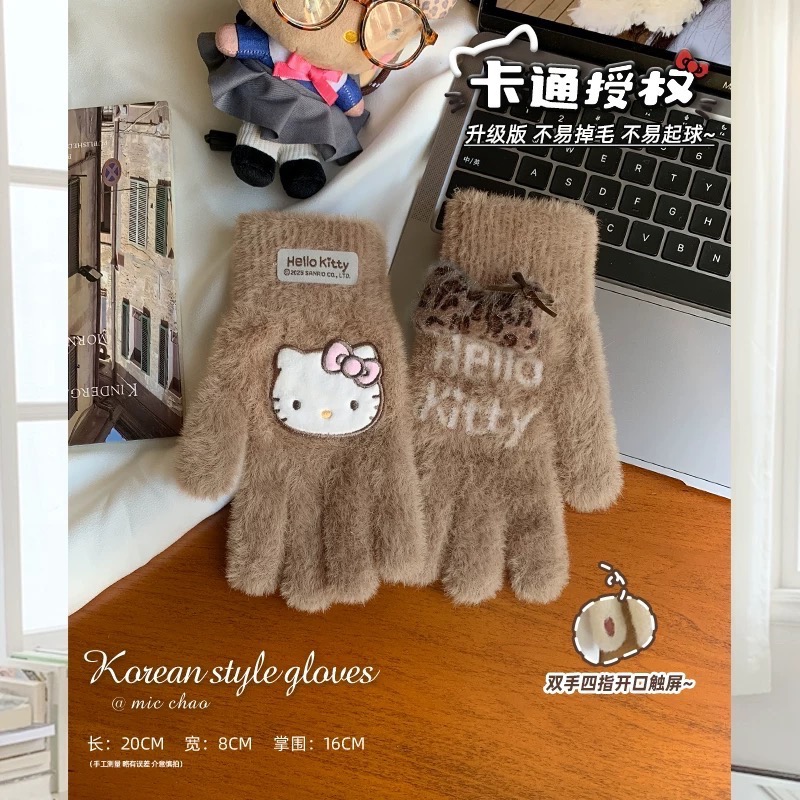 正品 Kitty手套 秋冬季騎行保暖防寒針織毛線可觸屏 冬天毛絨五指手套🧤-細節圖10