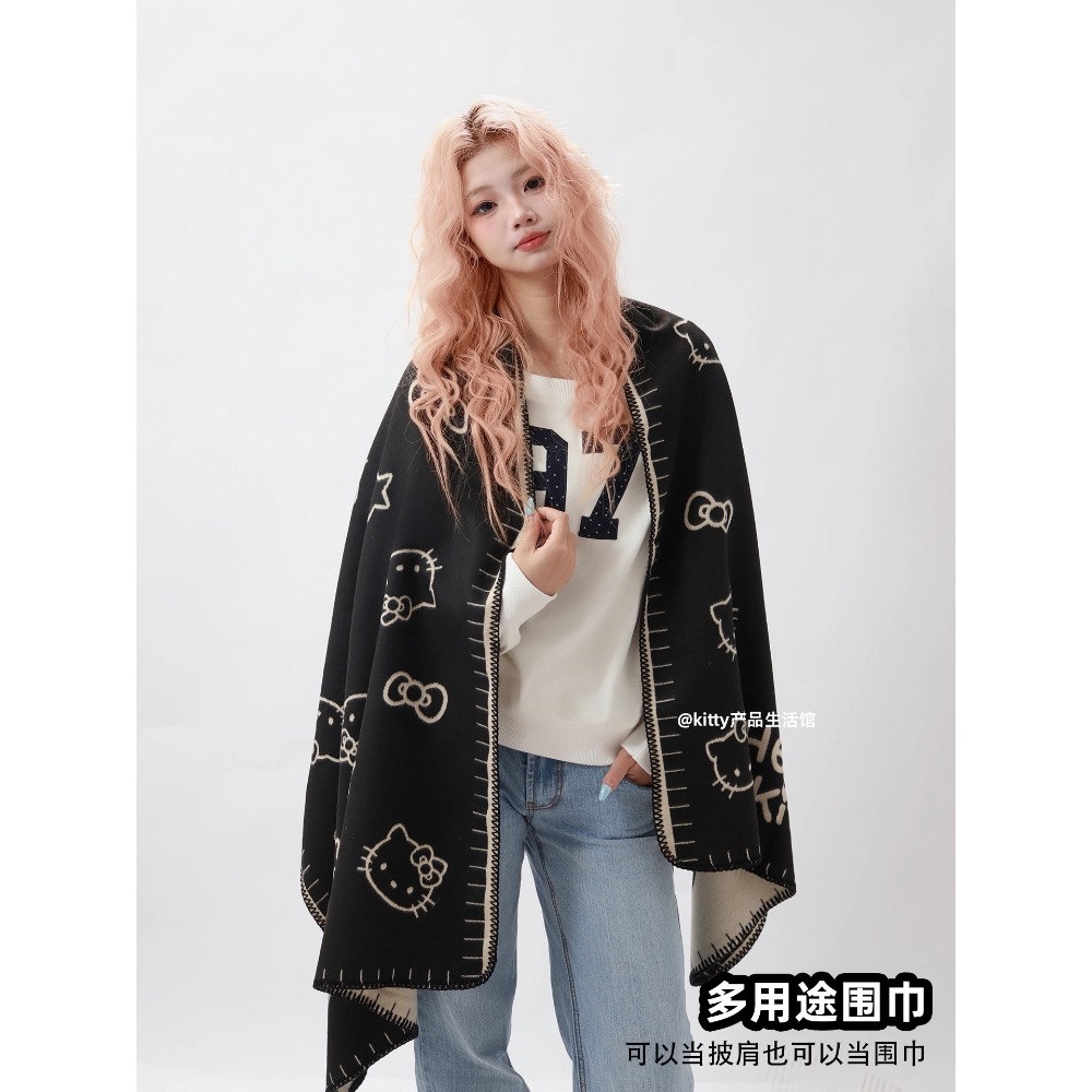 正品 凱蒂貓kitty雙面圍巾 披肩 圍巾 可愛少女心保暖 圍脖圍巾 兩用-細節圖3