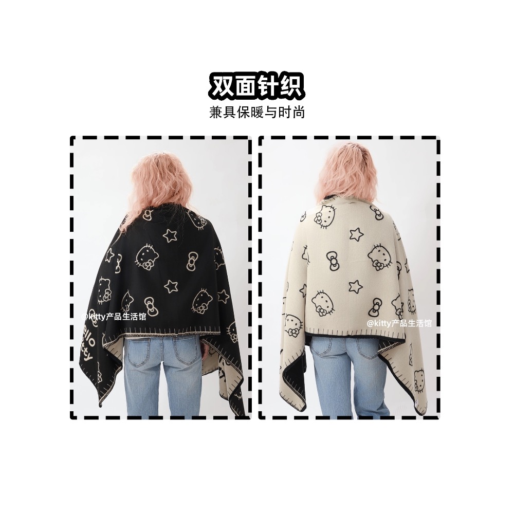 正品 凱蒂貓kitty雙面圍巾 披肩 圍巾 可愛少女心保暖 圍脖圍巾 兩用-細節圖4
