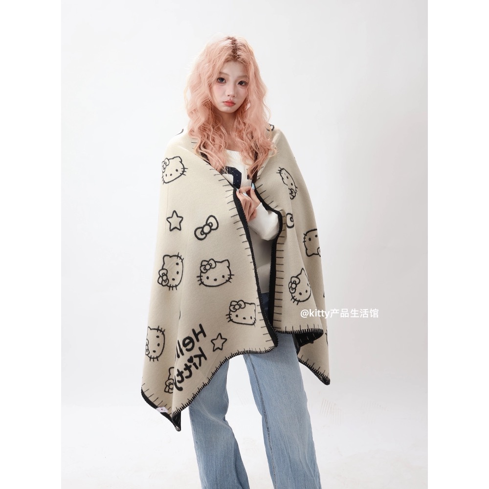 正品 凱蒂貓kitty雙面圍巾 披肩 圍巾 可愛少女心保暖 圍脖圍巾 兩用-細節圖5