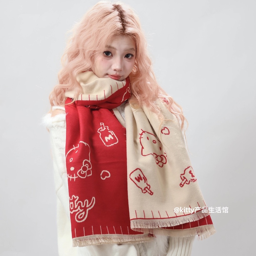 正品 凱蒂貓kitty雙面圍巾 披肩 圍巾 可愛少女心保暖 圍脖圍巾 兩用-細節圖7
