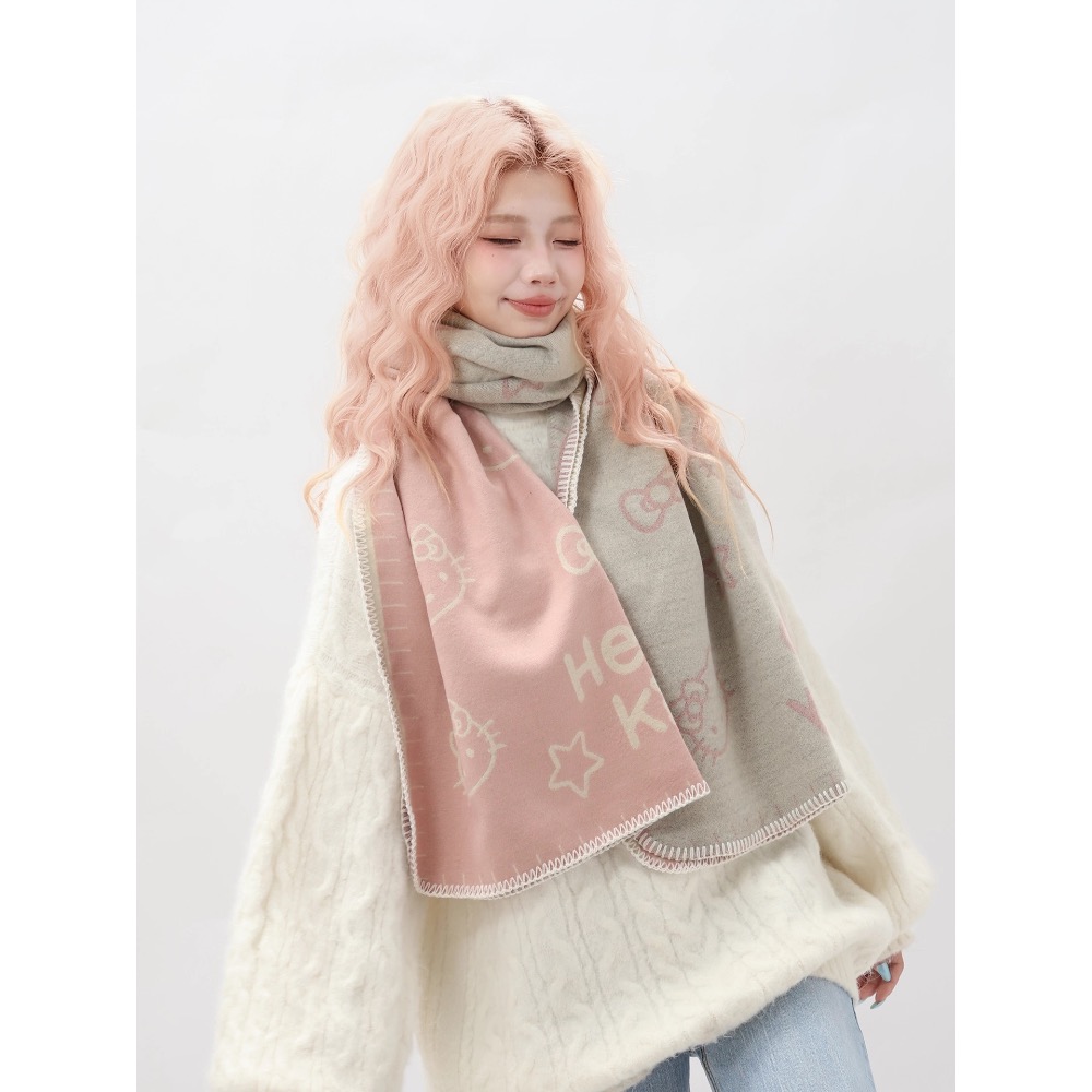 正品 凱蒂貓kitty雙面圍巾 披肩 圍巾 可愛少女心保暖 圍脖圍巾 兩用-細節圖3