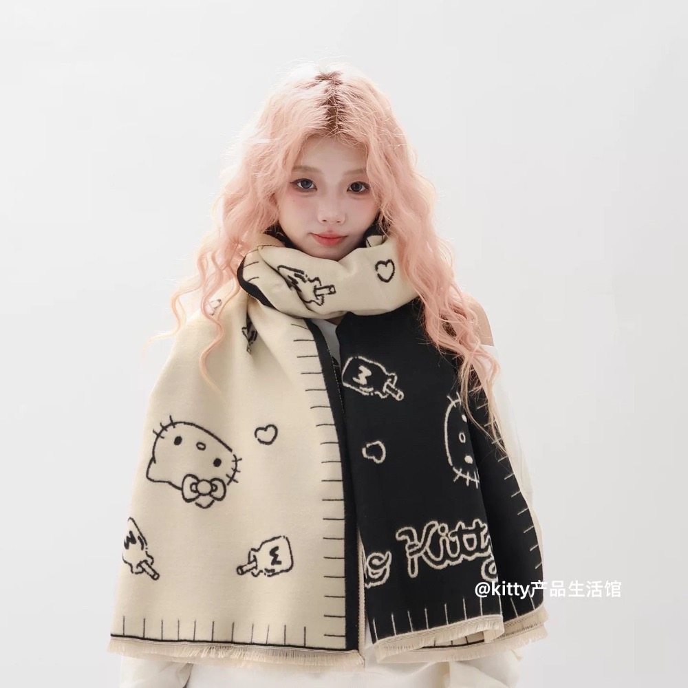 正品 凱蒂貓kitty雙面圍巾 披肩 圍巾 可愛少女心保暖 圍脖圍巾 兩用-細節圖6