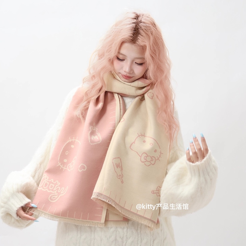 正品 凱蒂貓kitty雙面圍巾 披肩 圍巾 可愛少女心保暖 圍脖圍巾 兩用-細節圖8