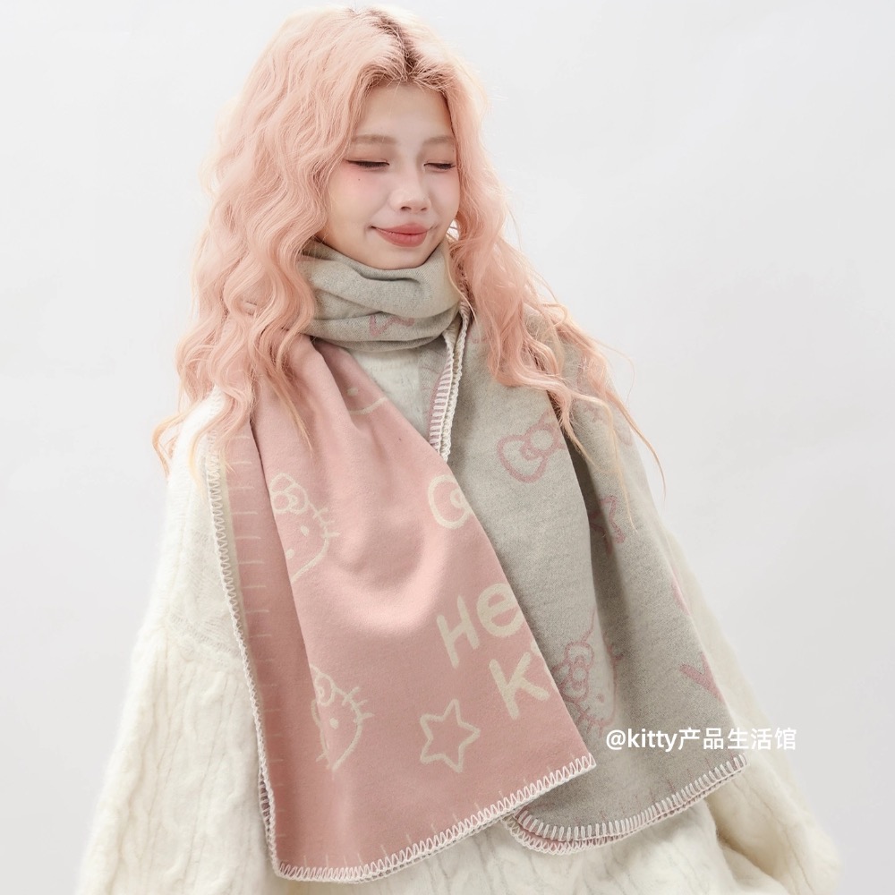 正品 凱蒂貓kitty雙面圍巾 披肩 圍巾 可愛少女心保暖 圍脖圍巾 兩用-細節圖9